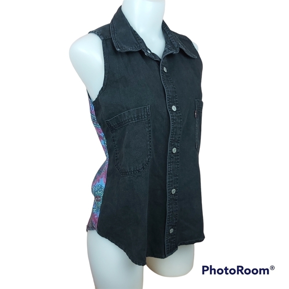 LEVI'S reworked SNAP denim top sleeveless blouse Size Small Y2K - Picture 2 of 8